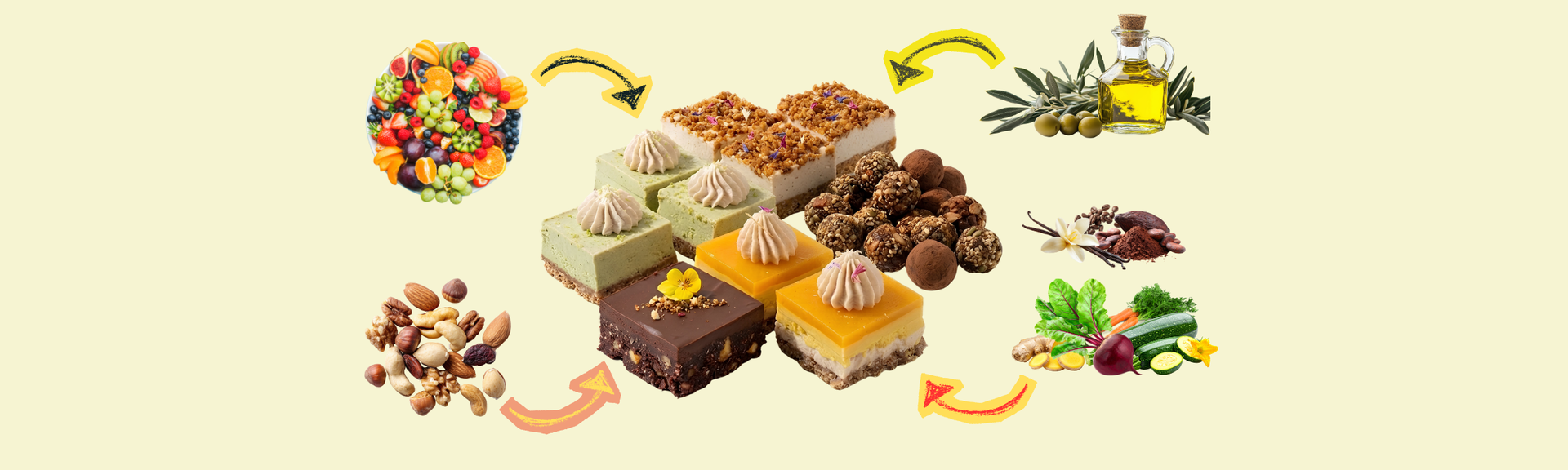 Éolie desserts made from fruits, nuts, vegetables and extra virgin olive oil