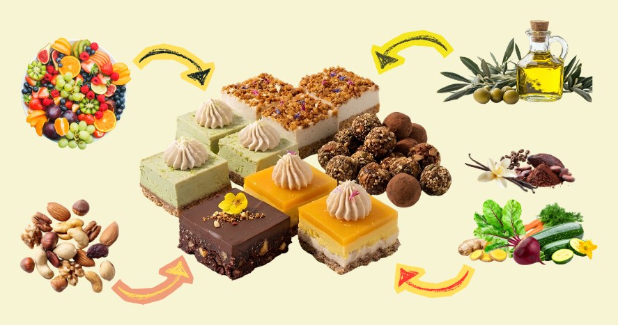 Éolie desserts made from fruits, nuts, vegetables and extra virgin olive oil